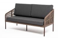 "Канны" диван плетеный из роупа 2-местный, каркас алюминий коричневый, роуп коричневый, ткань серая
