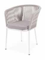 "Марсель" стул плетеный из роупа, каркас алюминий белый шагрень, роуп бежевый круглый, ткань бежевая