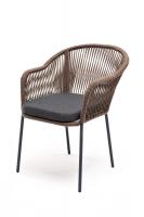 "Лион" плетеный стул из роупа, каркас стальной серый, роуп коричневый, ткань темно-серая