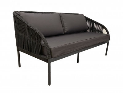 "Канны" диван 2-местный плетеный из роупа, каркас алюминий темно-серый (RAL7024) матовый, роуп темно-серый круглый, ткань интерьерная