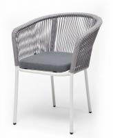 "Марсель" стул плетеный из роупа, каркас алюминий белый шагрень, роуп светло-серый круглый, ткань светло-серая