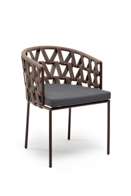 "Диего" плетеный стул из роупа, каркас стальной коричневый, роуп коричневый, ткань темно-серая