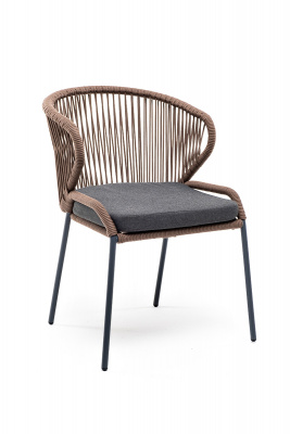 "Милан" плетеный стул из роупа, каркас алюминиевый серый, роуп коричневый, ткань темно-серая